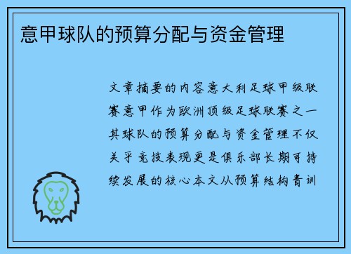 意甲球队的预算分配与资金管理